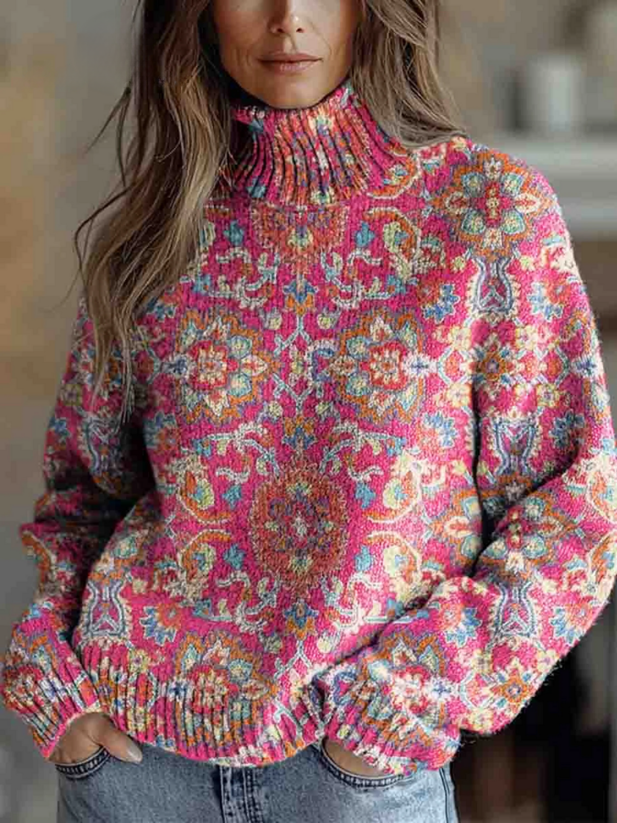Elle | Retro floral ethnic print high-collar sweater