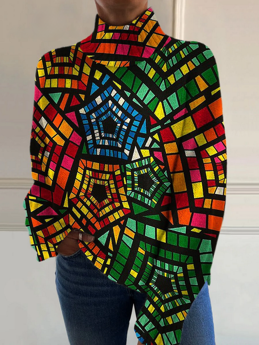 Elle | Retro colorful geometric art print turtleneck sweater