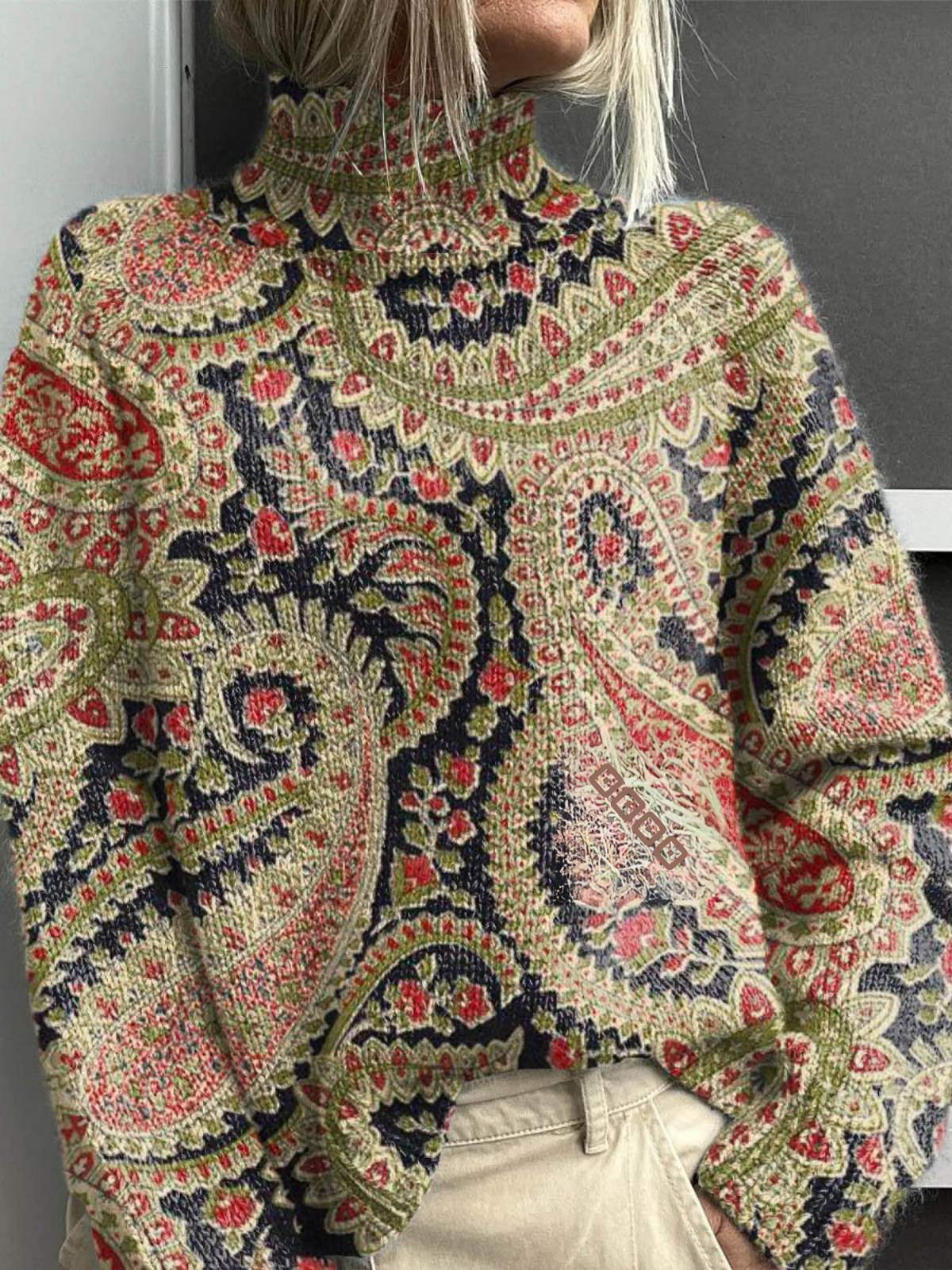 Elle | Vintage floral knit turtleneck sweater
