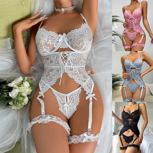 Completo di lingerie femminile, sexy, in pizzo, trasparente, aderente, monospalla