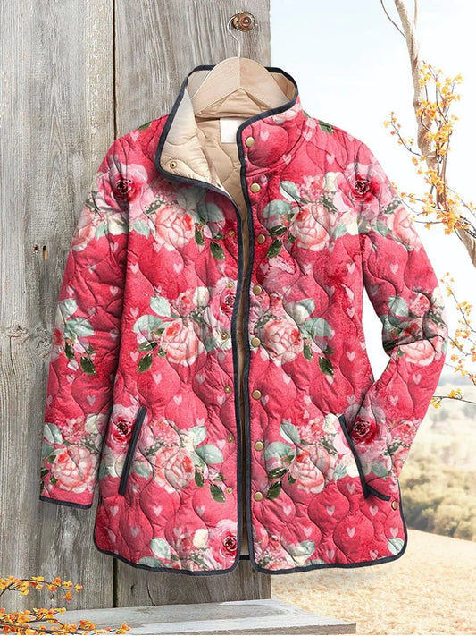 Charming Pink Floral Print Quilted Jacket for Women