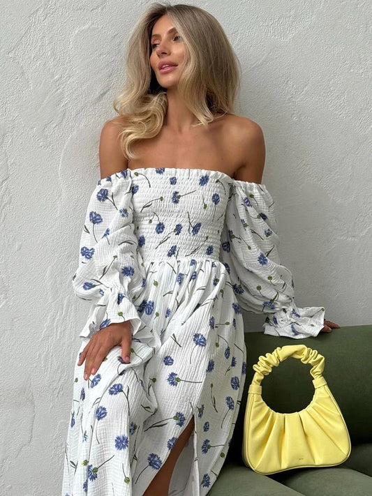 Isabella – Abito Midi in Cotone con Fiori e Spacco Laterale