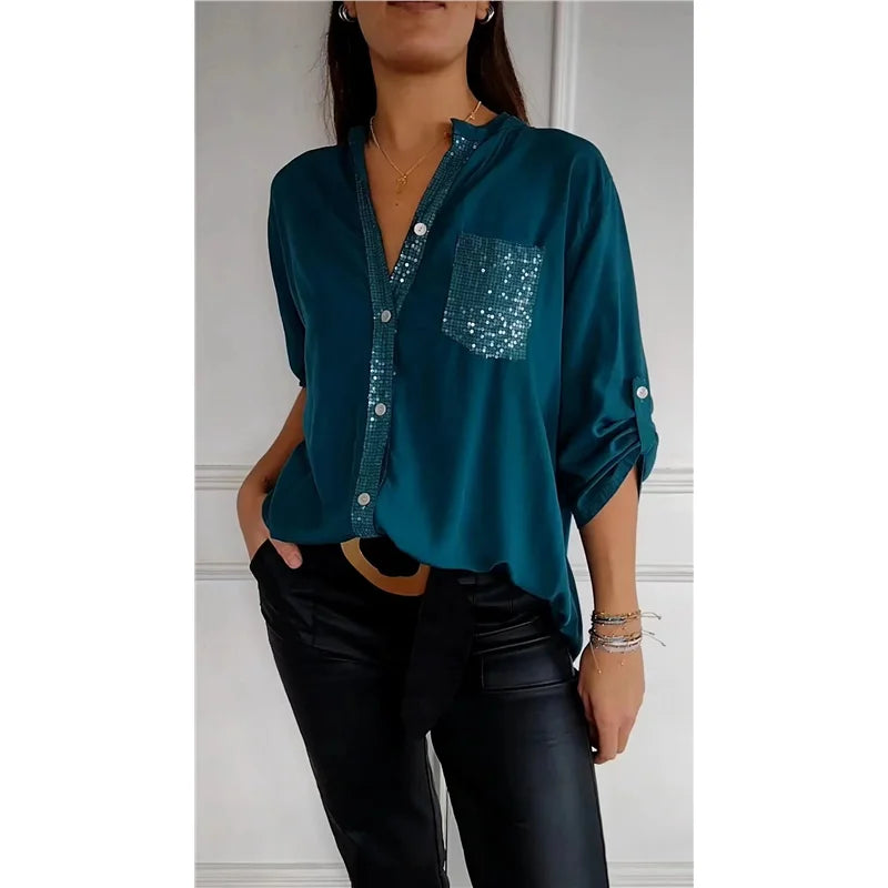 Eleonora – Camicia Casual in PU con Collo Semi-Aperto