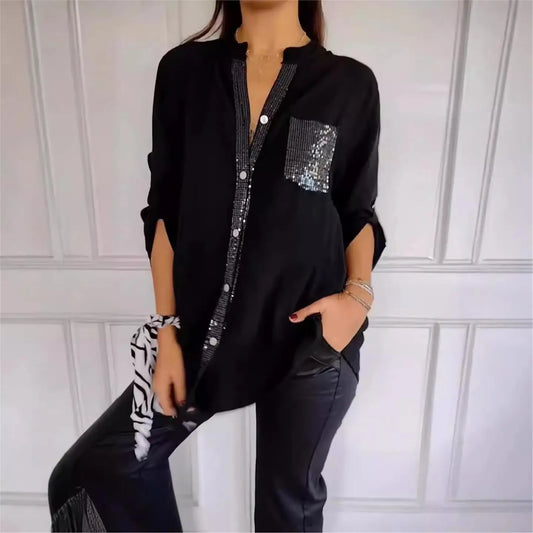 Eleonora – Camicia Casual in PU con Collo Semi-Aperto