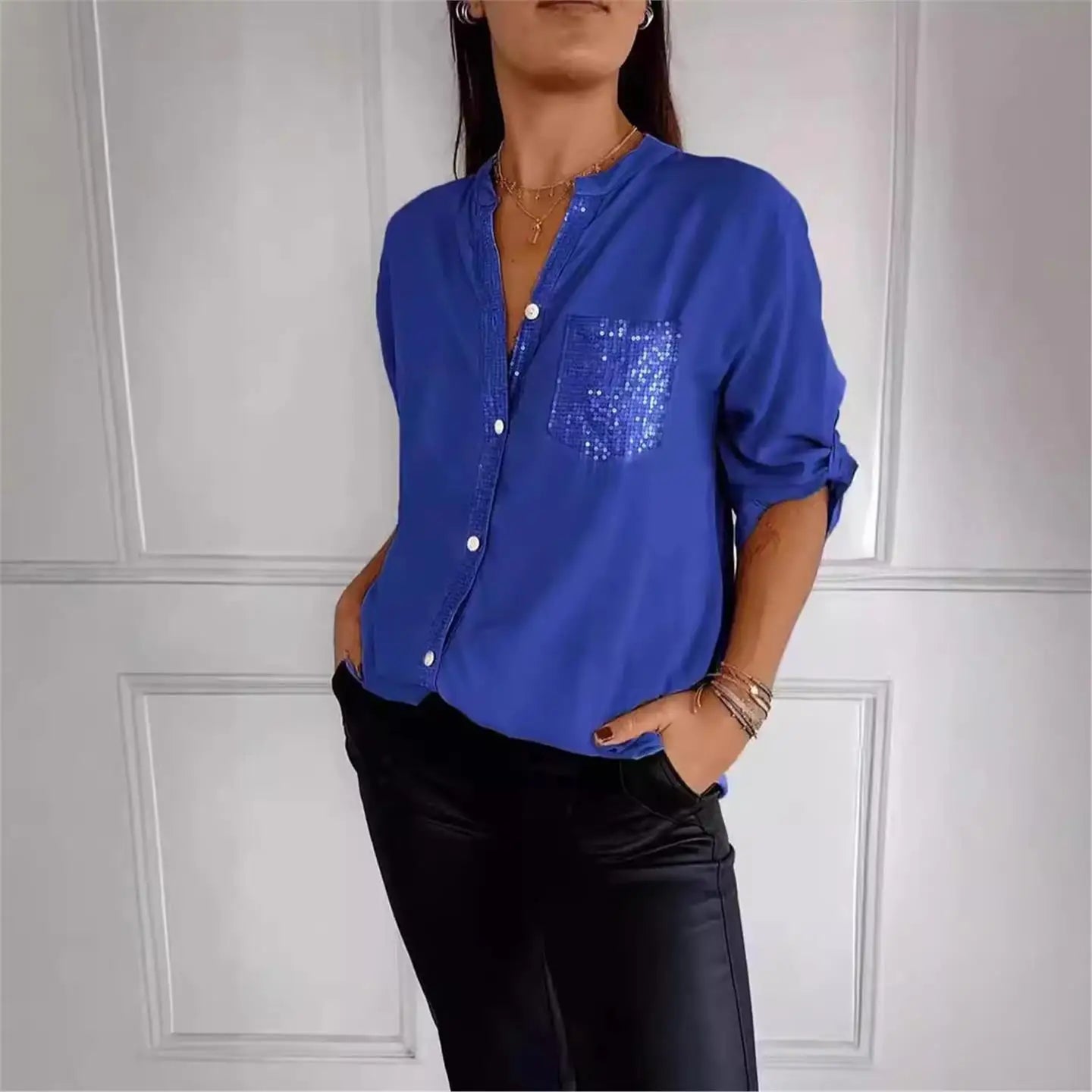 Eleonora – Camicia Casual in PU con Collo Semi-Aperto
