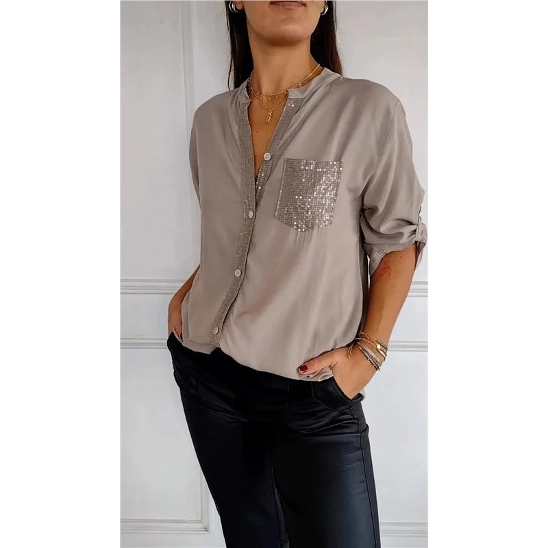Eleonora – Camicia Casual in PU con Collo Semi-Aperto