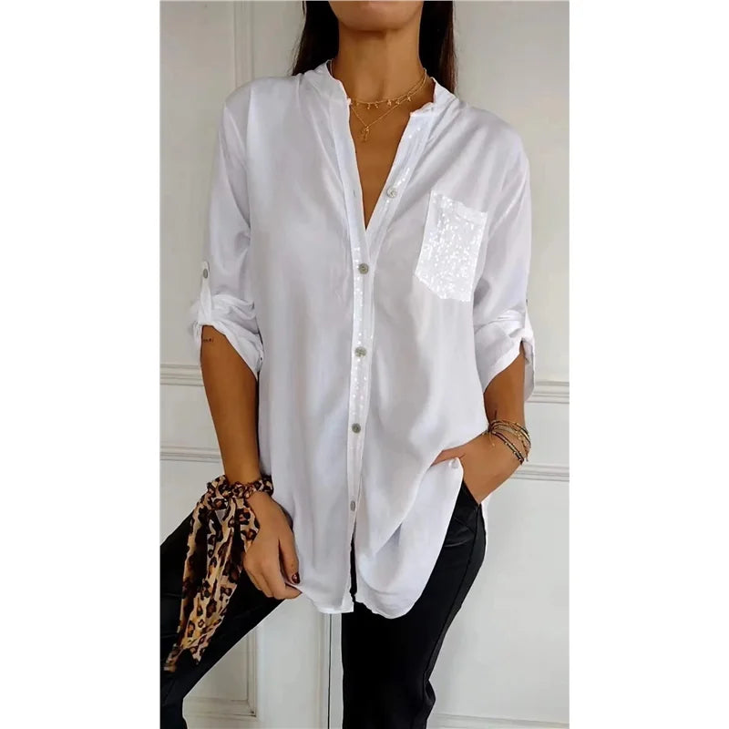 Eleonora – Camicia Casual in PU con Collo Semi-Aperto