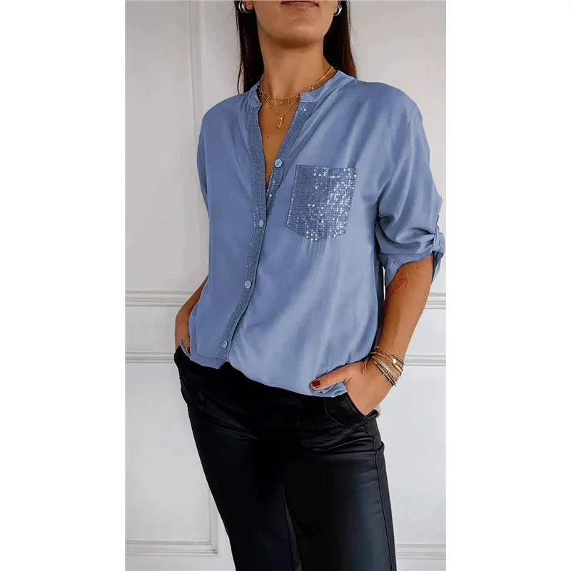 Eleonora – Camicia Casual in PU con Collo Semi-Aperto