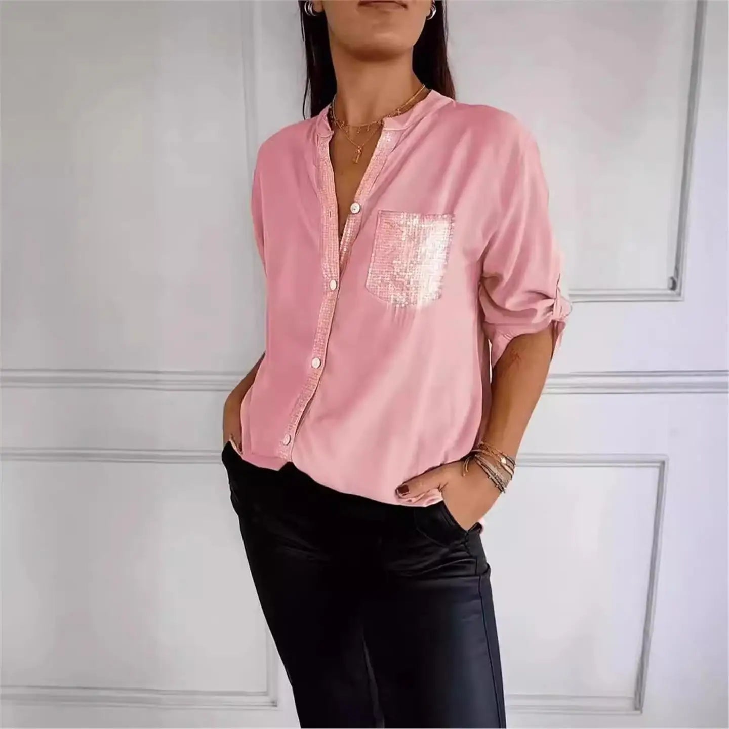 Eleonora – Camicia Casual in PU con Collo Semi-Aperto
