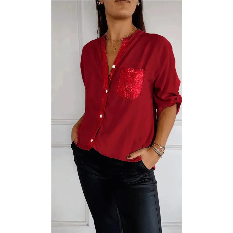 Eleonora – Camicia Casual in PU con Collo Semi-Aperto