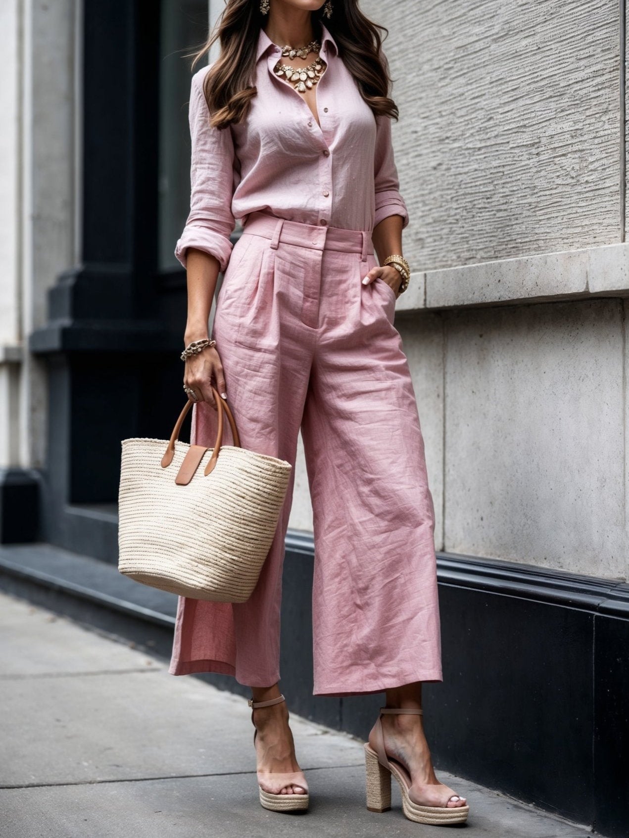 Completo di pantaloni Capri rosa e camicia larga
